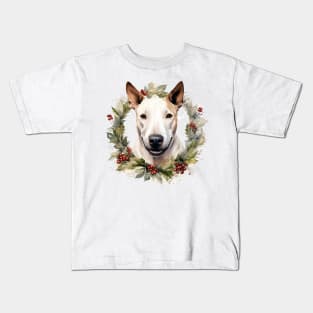 Christmas Bull Terrier Dog Wreath Kids T-Shirt